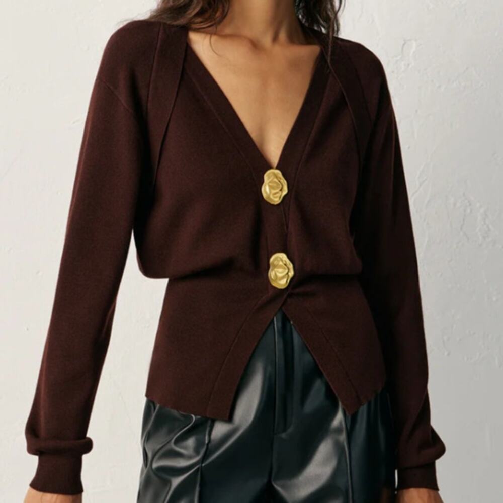 Chocolate Brown V Neck Cardigan L Commense Sculptural Gold Button - Modern Chic